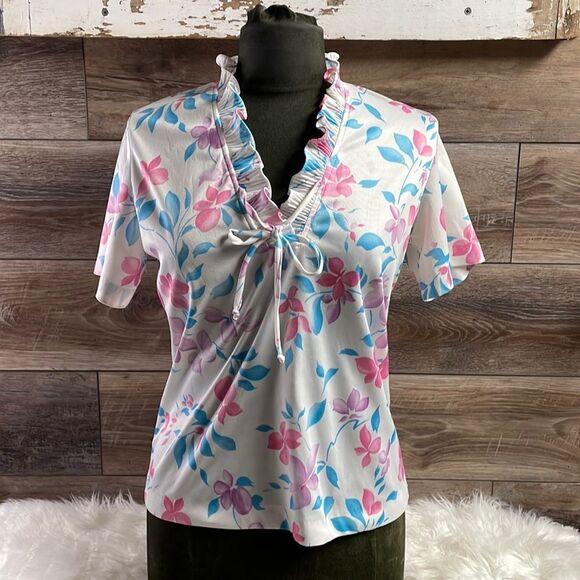 FRAYNE Womens Vintage Pastel Floral Top Ruffles Neckline Cottagecore Size Small - Picture 1 of 7